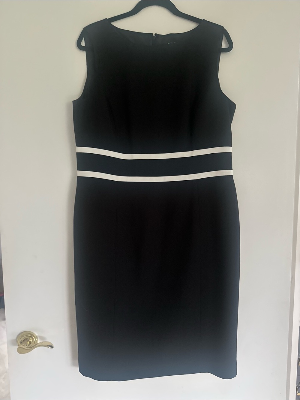 Classic Black Sheath Dress with White Waist Stripes by Black Label